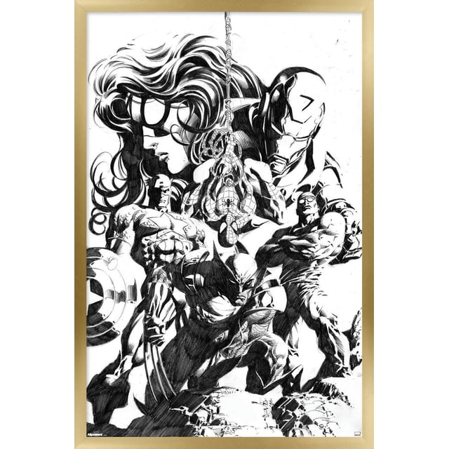 Marvel Sketch - Group Wall Poster, 14.725" x 22.375" framed, featuring a black and white pencil sketch of Marvel superheroes including Spider-Man hanging upside down from a web in the center, Wolverine crouching with claws extended in front, Iron Man in armor behind, Captain America holding his shield on the left, and other heroes in dynamic poses, all on a white background with a light wood frame, suitable for home décor and wall art.