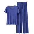 thumbnail image 2 of TACILIP Ensembles 2 Pcs pour Femmes Ensembles de Détente d'Été Tenues Col en V Manches Courtes Hauts Pantalons à Jambes Larges Pyjamas pour Femmes Ensemble, 2 of 3