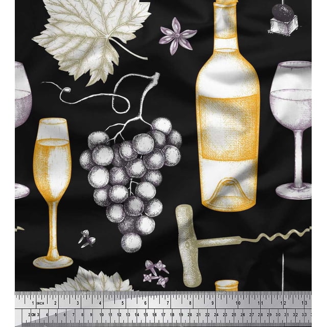 Soimoi Velvet Fabric Grapes,Wine Glass & Bottle Print Fabric by the Yard 58 Inch Wide