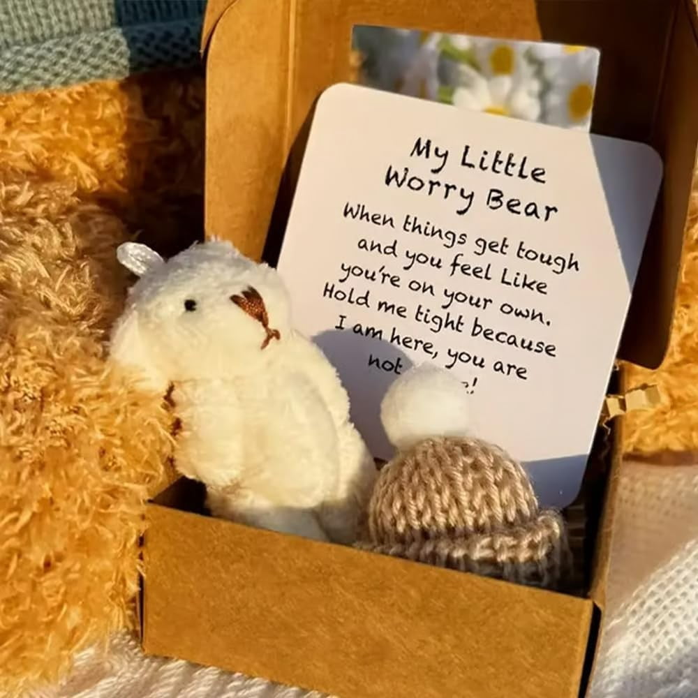 Czzoypi Pocket Worry Bear, Mini Teddy Bear with Inspirational Card, Comforting Anxiety Gift for KidsAdults, Portable Emotional Support Toy for Stress Relief, White