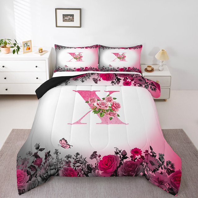 Erosebridal Ensembles de Literie Initiale Florale Double avec Couette, Insert de Couette Fleur Papillon, Déco de Chambre Ado, Réversible, 3 Pcs