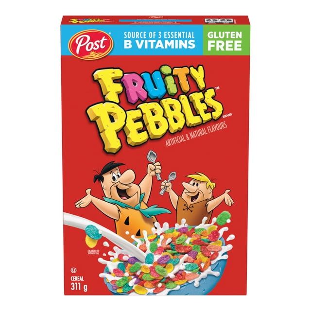 Post Fruity Pebbles Cereal, Retail Size, 311 g box displaying sweetened crispy rice cereal in vibrant fruit colours in a blue bowl with milk splash, featuring Fred Flintstone and Barney Rubble cartoon characters on a red background, gluten-free and a source of essential B vitamins, suitable for breakfast or snack time.