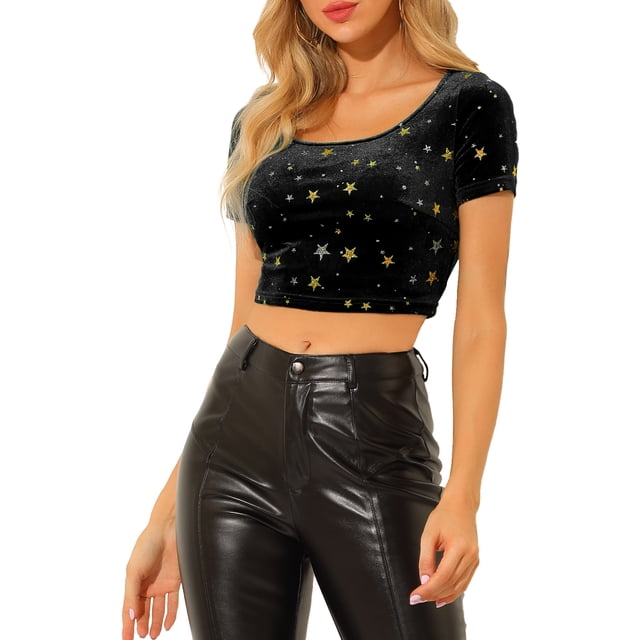 INSPIRE CHIC Women's Casual Short Sleeve Cute Scoop Neck Velvet Fitted Crop Top XS Black