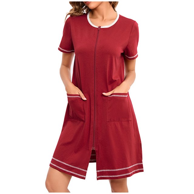 Penkiiy Robe Zippée pour Femme à Manches Courtes Peignoir Doux Fermeture Éclair devant Chemise de Nuit Tenue de Détente avec Poches P Rouge
