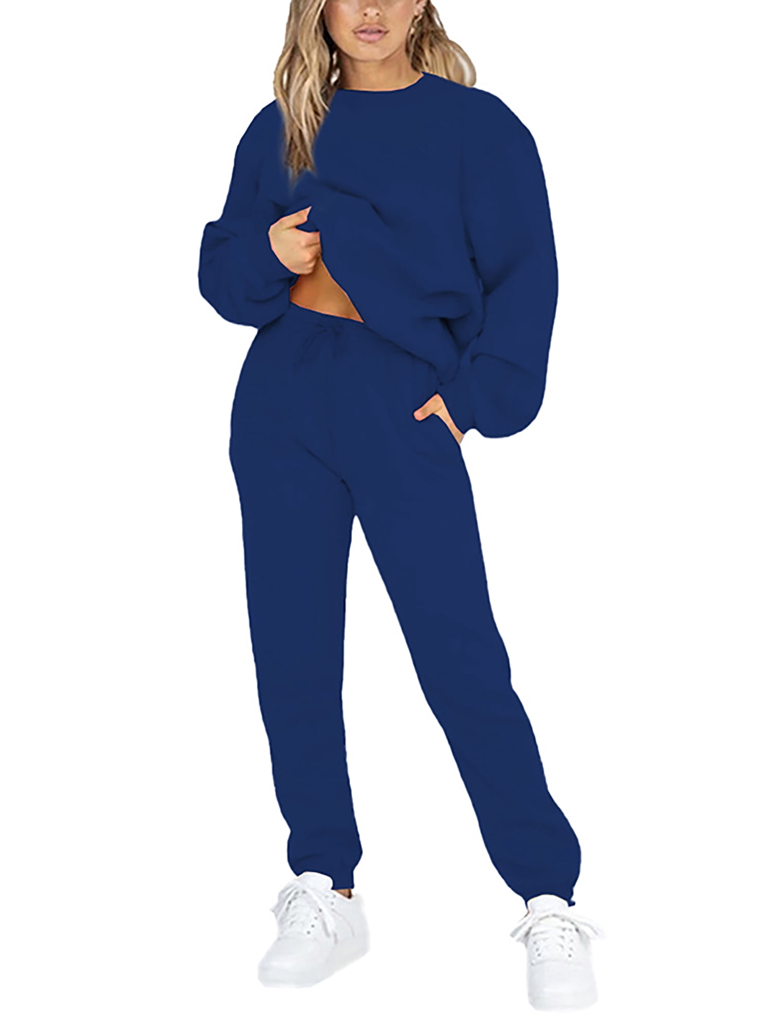 Innerwin Two Piece Outfit Drawstring Women Jogger Set Sports Long Sleeve Beam Foot Sweatsuits Blue XL