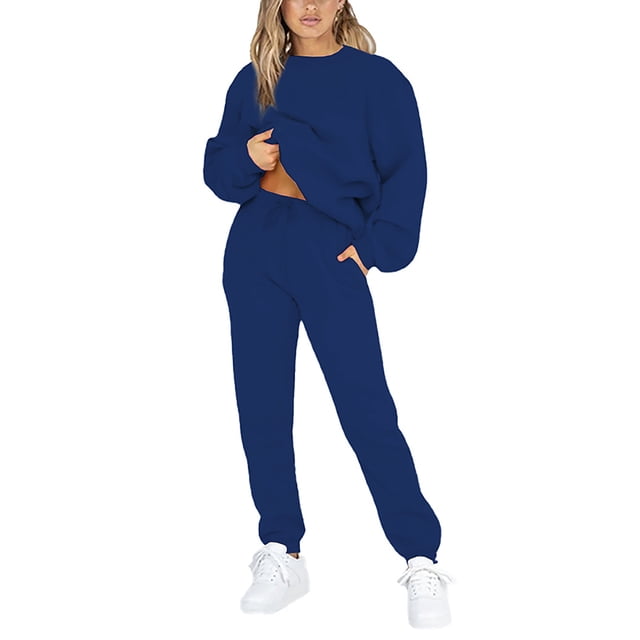 Innerwin Two Piece Outfit Drawstring Women Jogger Set Sports Long Sleeve Beam Foot Sweatsuits Blue 3XL