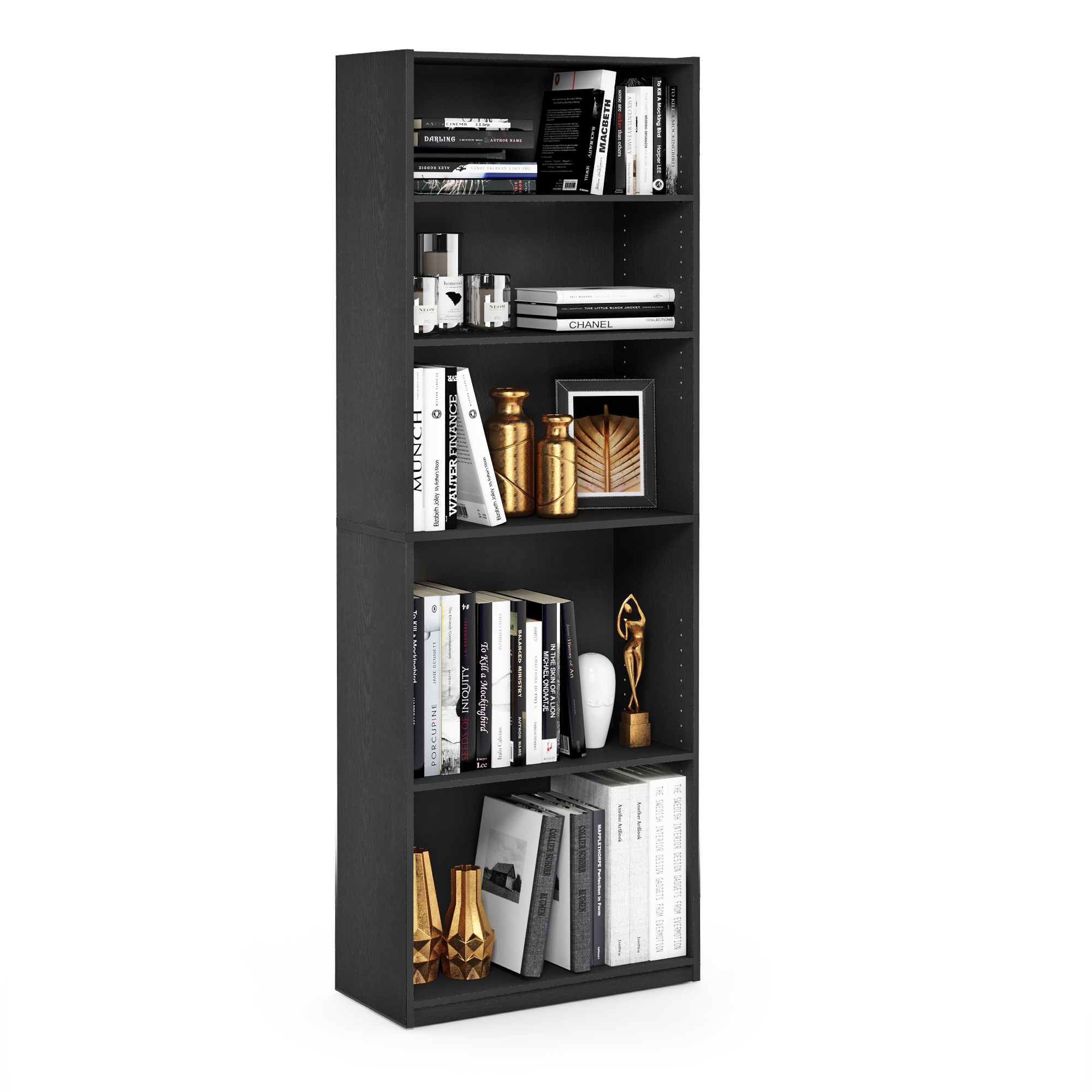 Furinno Jaya 5-Tier Book Shelf with Adjustable Shelves, Black Bookshelf, Bookcase, 9.5 x 24.5 x 71.2, for Living Room, Bedroom, Home Office, Darkwood