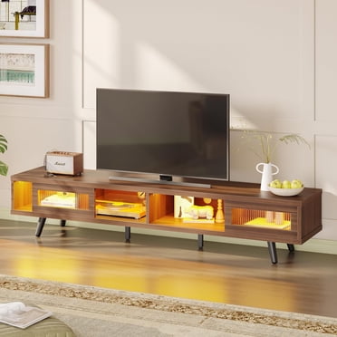 Bestier 70" Modern TV Stand for 80 inch TV with Storage and Sliding Glass Door, Walnut