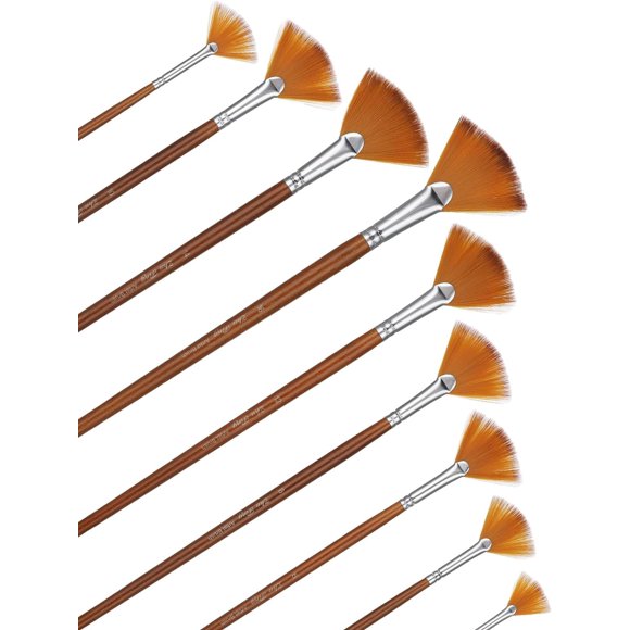 Woeilo 9 Pieces Fan Brush for Painting, Professional Artist Fan Paint Brushes Set Soft Anti-Shedding Nylon Hair Wood Long Handle Paint Brush Set for Acrylic Watercolor Oil Gouche Paintin
