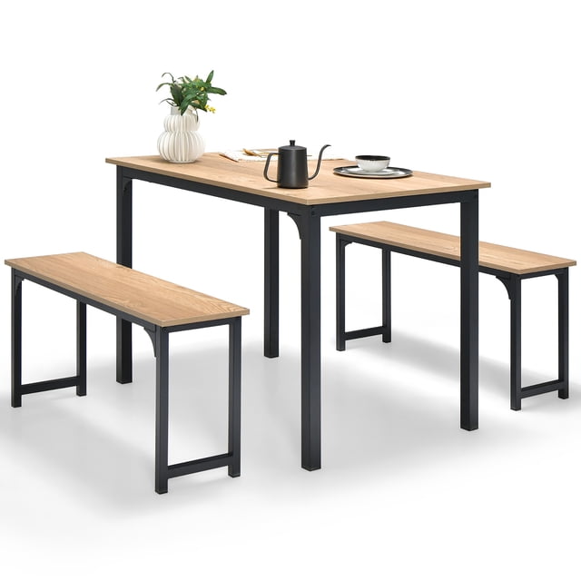 Gymax Modern 3 PCS Dining Table Bench Set w/ Metal Frame & Wooden Tabletop Natural