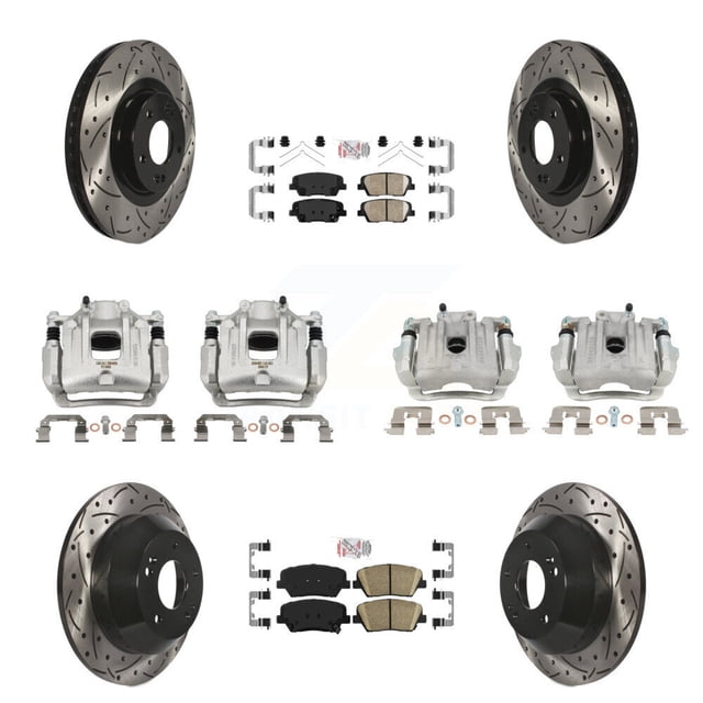 Transit Auto Front Rear Disc Brake Coated Caliper Drilled Slotted Rotors and Ceramic Pads Kit (10Pc) for Car 2014-2015 Kia Sorento Limited with 3.3L with Red Painted Calipers KCD-100673N