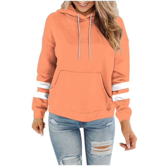 Dagegui Womens Long Sleeve Hoodies Casual Drawstring Hooded Sweatshirt with Pockets Trendy Striped Color Block Pullover Tops Orange S