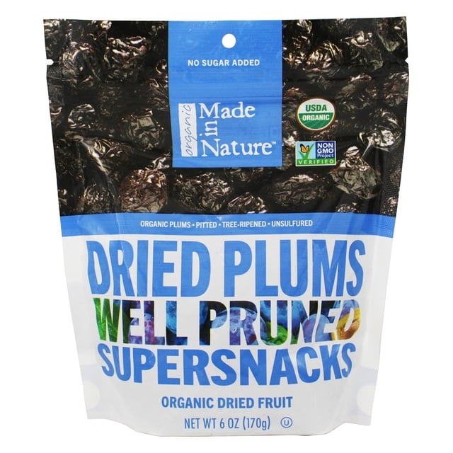 Made in Nature - Dried Plums Well Pruned Supersnacks - 6 oz. (170 g) Resealable clear pouch with visible dark, glossy dried plums and Made In Nature label; organic dried plums described as soft and sweet, ideal as a grab-and-go snack or often used as a topping for oatmeal or lunchboxes.