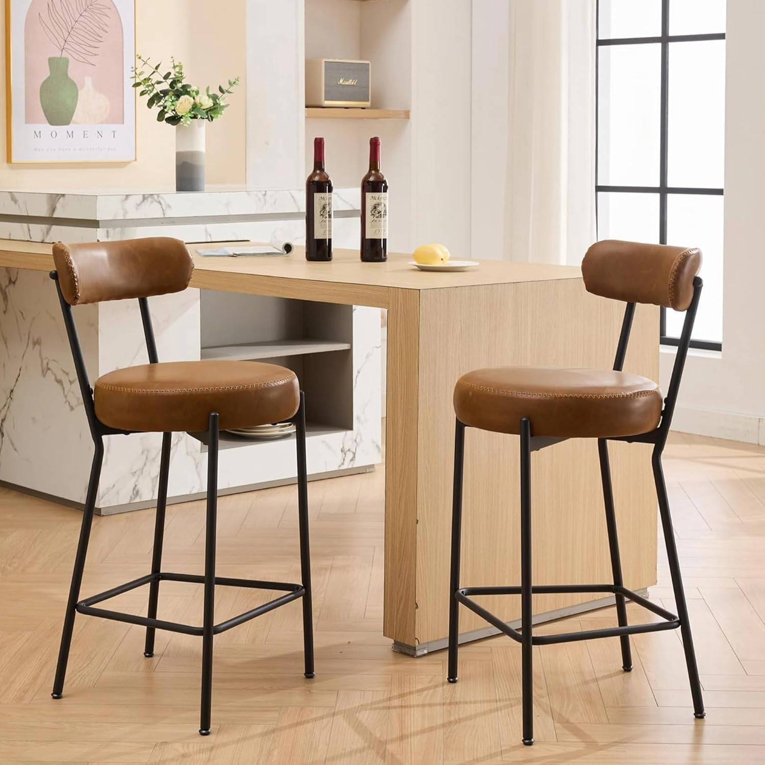 30" Modern Counter Stools Set of 2, Boucle Upholstered Bar Stools with Backrest & Footrest, Metal Leg Counter Height Chairs for Kitchen Island/Dining Room/Home Bar