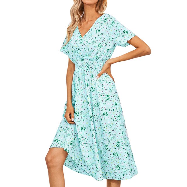 Kcodviy Robe Élégante pour Femmes Robe Florale pour Femmes Robe Imprimée Décontractée Robe à Col en V Robe Midi d'Été pour Femmes à Manches Courtes Ligne A Plage Longue Petite Robes d'Été Robe Robe