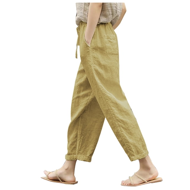 Diufon Cotton Linen Womens Pants Solid Color Lounge Pants High Waist Drawstring Pants with Pockets