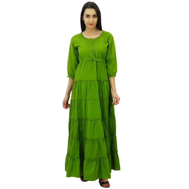 Bimba Robe Maxi d'Été en Coton à Manches 3/4 pour Femme, Taille à Cordon