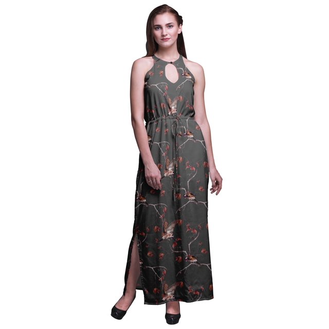 Bimba Bird Ladies Sleeveless Long Print Maxi Dress with Side Slits Summer Wear-Large
