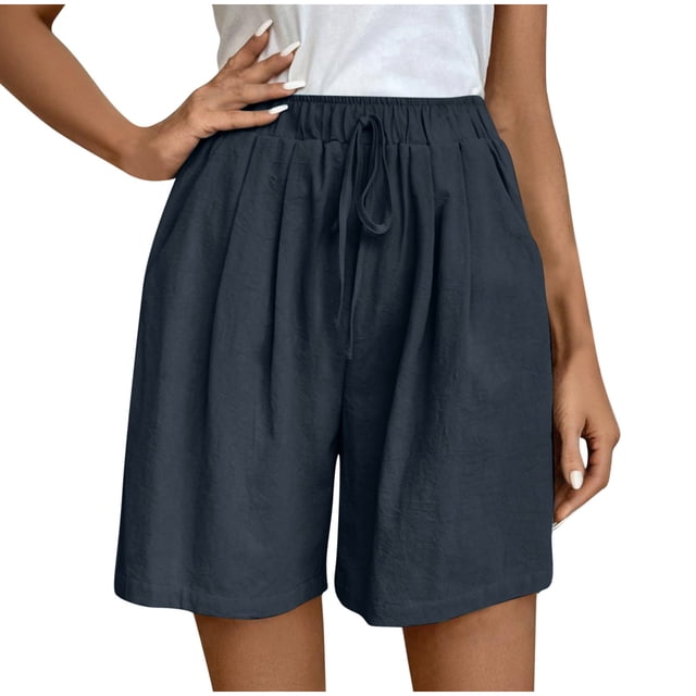 Women's Elastic Waist Knee Length Casual Cotton Shorts with Drawstring