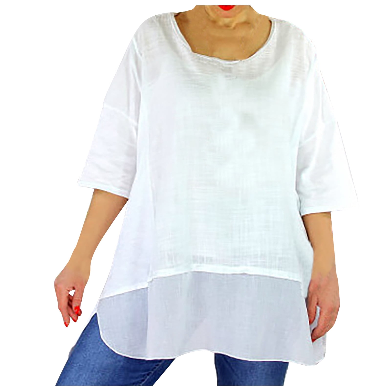 Timegard Hauts Grande Taille pour Femmes en Coton et Lin à Encolure Dégagée Manches 3/4 Amples Légers Décontractés