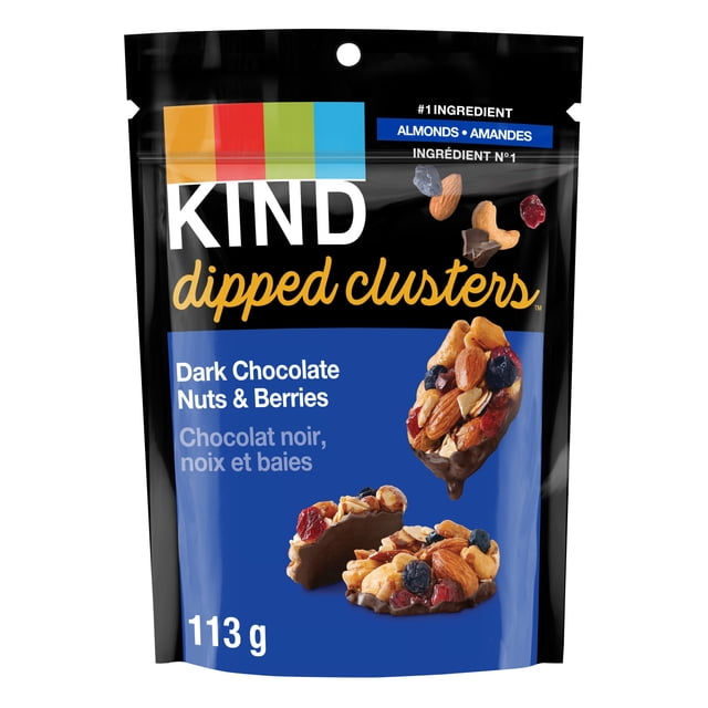 KIND Dipped Clusters Mélange pour Collations de Noix et Baies au Chocolat Noir Sac de 113 g Comprenant des Grappes de Noix Sans Gluten Faites avec des Amandes, des Noix de Cajou, des Bleuets Séchés et des Canneberges Enrobées de Chocolat Noir, une source de Fibres et de Protéines, Souvent Utilisé comme Garniture pour du Yogourt Ou une Collation Sucrée.