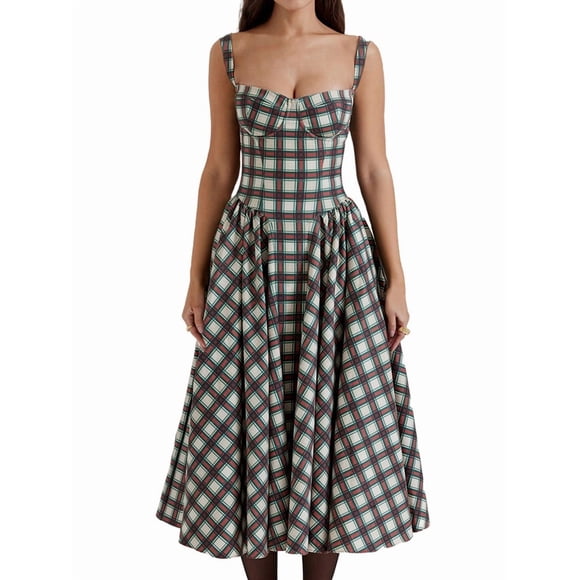 Womens Corset Dress Elegant Strap Midi Dress Flowy Pleated Hem Low Cut Prom Dresses Bustier Dress Red Plaid XL
