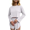 thumbnail image 1 of Tnhcen Ensemble de Pyjama pour Femmes, Haut Court à Manches Longues Douillet et Short à Volants - Ensembles de Pyjamas à Col Rond Confortables pour Femmes, Tenue de Détente Extensible S-TG, 1 of 9
