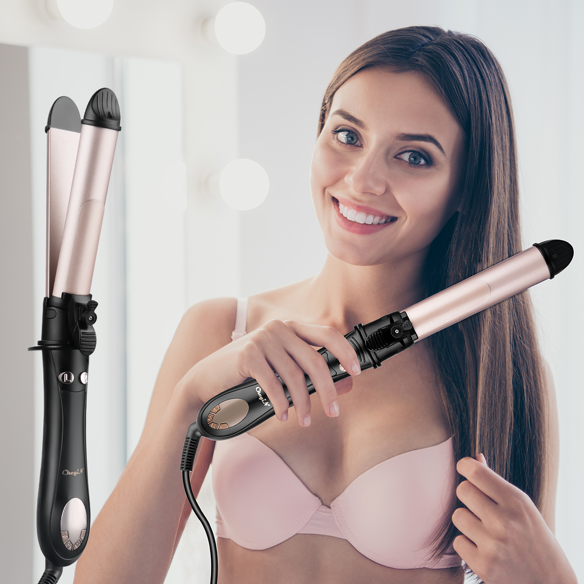 CkeyiN Curling Iron, 2-in-1 Automatic Straightening and Curling Iron, PTC Ceramic Heating; Pro Hair Straightener & Automatic Curling Wand Hair Curler