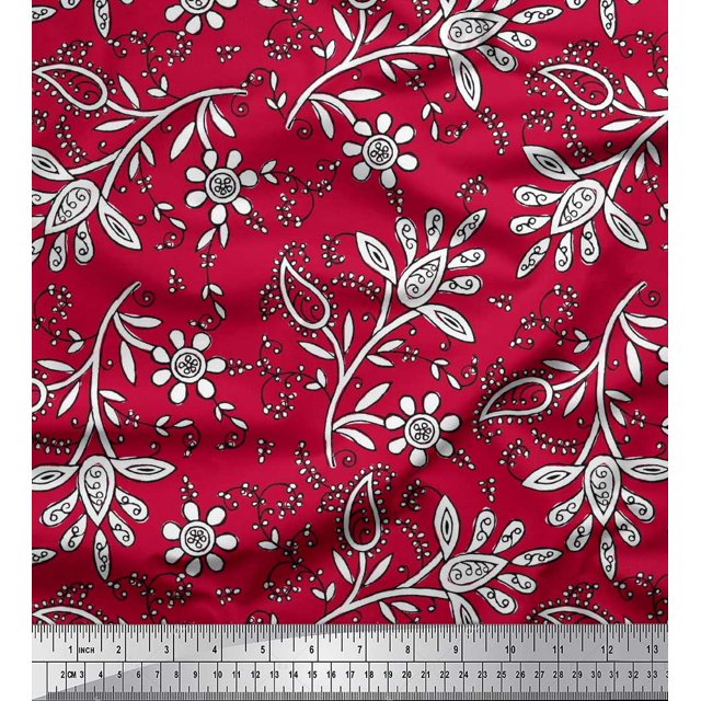 Soimoi Modal Satin Fabric Leaves & Floral Block Fabric Prints by Yard 42 Inch Wide