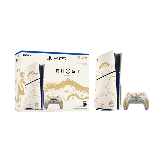 PlayStation 5 Console - Ensemble Édition Limitée Ghost of Yotei Gold Présentant un design Personnalisé Inspiré du Masque d'Atsu et Mount Yotei. Comprend une Console PS5 avec accents Dorés et motifs de Paysage Japonais, une Manette Sans Fil DualSense Assortie avec Retour Haptique et Gâchettes Adaptatives, et un Emballage Mettant en Vedette le Thème Ghost of Yotei.