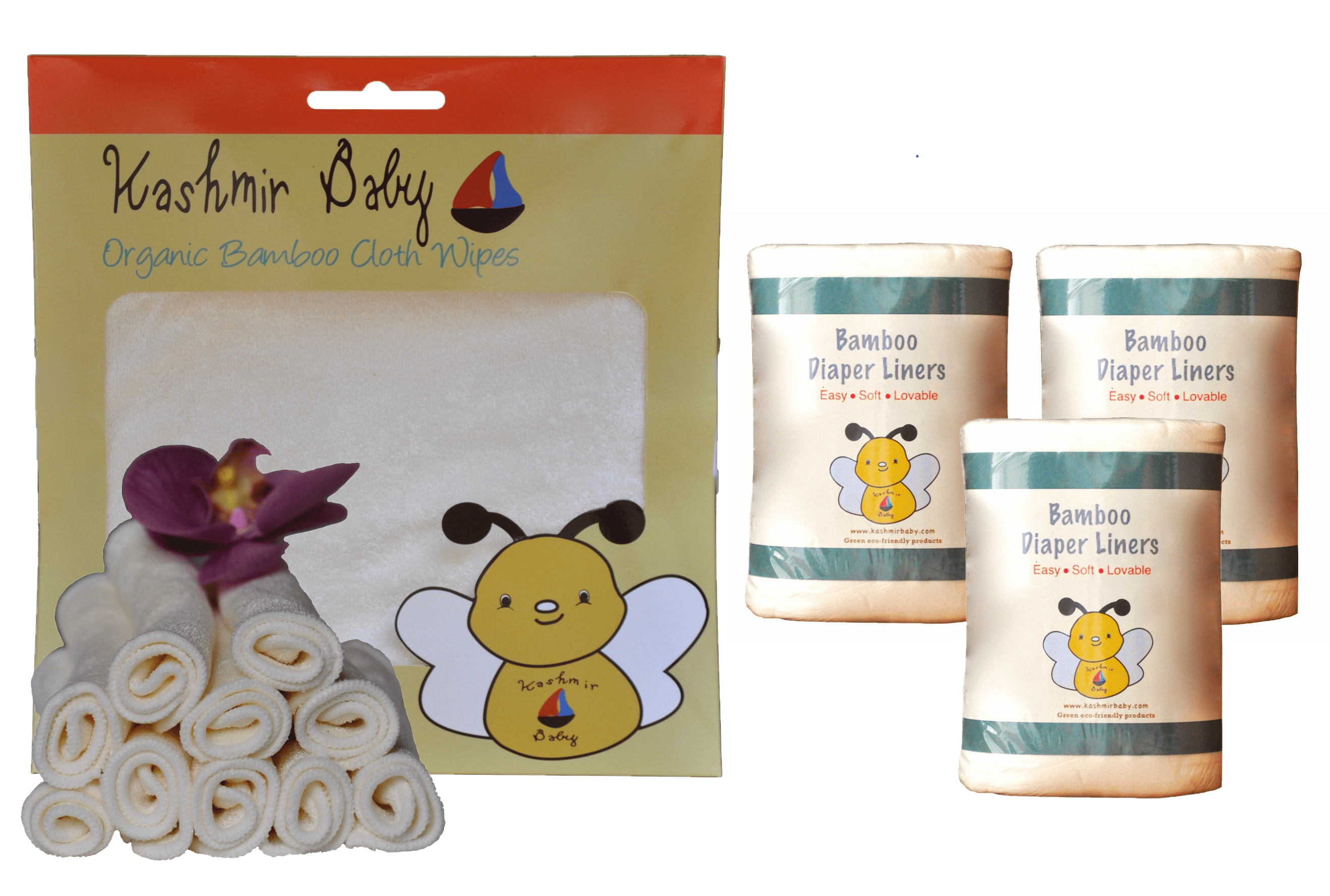 Kashmir Baby (40 Pack) Bamboo Cloth Diaper Wipes/ 3 Rolls (300 Sheets) Bamboo Cloth Diaper Liners.