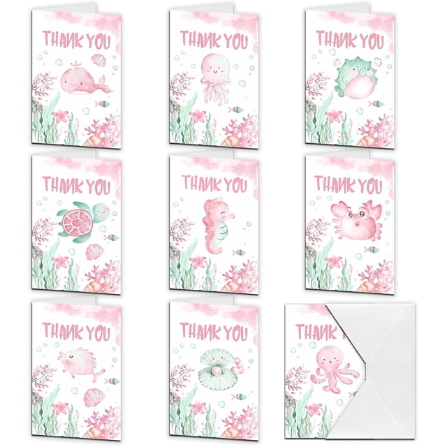 9Pcs Thank You Cards Marine Life Series Rectangle Thanks Theme Greeting Cards Set Thank You Notes with Envelopes for Thanksgiving Gift Mother's Day Father's Day About 5.9x3.9in