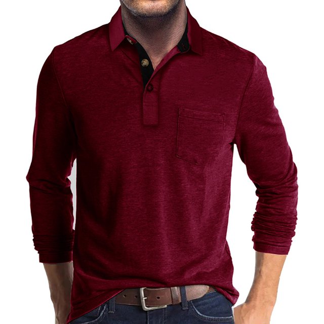 RXIRUCGD Blouse Décontractée pour Homme à Blocs de Couleur, Manches Longues, Col Rabattu, Bordeaux, Taille : 3TG