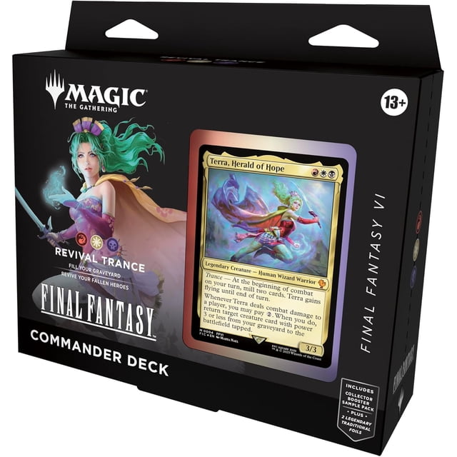 Magic: The Gathering Final Fantasy VI Commander Deck - Transe de Revival avec 100 Cartes Présentant une Illustration à Thème Final Fantasy VI. Comprend Terra, Carte de Créature Légendaire Héraut de l'Espoir, 2 Cartes Légendaires en Feuille, et un Échantillon de Booster Collector avec des Cartes à Bord Alternatif. Idéal pour les Batailles en Multijoueur Magic Commander. Emballé dans une Boîte de Deck Multicolore.