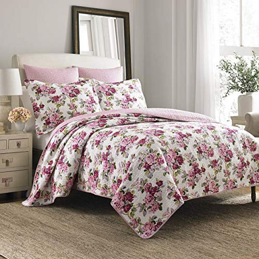 Laura Ashley Collection Lidia Ensemble de Courtepointe-100 % Coton, Réversible, Literie Légère et Respirante, Prélavée pour Plus de Douceur, Très Grand, Rose