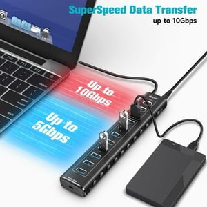 Powered USB Hub, 11-Port ikuai Hybrid USB 3.2/ USB C Hub with PD Charging Port and 60W Power Adapter, Aluminum USB Splitter Including 3 10Gbps Ports and 7 USB 3.0 Ports for PC, Laptop and More