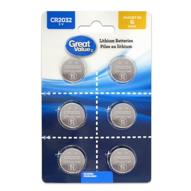 Great Value CR2032 3V Lithium Coin Cell Batteries 6-Pack with six silver lithium coin cells on a blue and white blister card featuring the brand logo and bilingual text, designed for reliable power in small electronics and ideal for remote controls and toys.