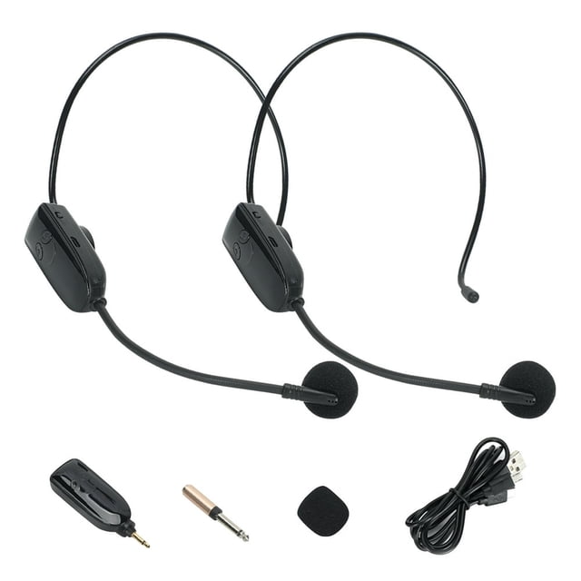 EIGTHTAIL 2.4G Head Mounted Wireless Microphone Plug Play Teacher Conference Speech Loudspeaker Mic System with Receiver. The image displays two black head-mounted wireless microphones with foam windshields, a compact receiver, a 3.5mm to 6.35mm adapter, a USB charging cable, and additional accessories. These microphones are compatible with PA systems, offering a 2-in-1 design for hands-free or handheld use, automatic pairing, and a 165-foot transmission range. Suitable for teachers, fitness trainers, and public speakers.