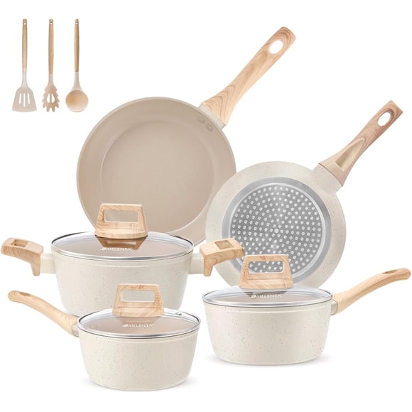 11 Piece Cream Ceramic Nonstick Cookware Set Pots and Pans Set for Kitchen and Home Cooking