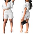 thumbnail image 4 of Mikilon Womens Oversized Stylish Outfits 2 Piece Set Ruffle Short Sleeve V-Neck Top Casual Shorts Summer Plus Size Suit Ruffle Short Sleeve V-Neck Top Casual Shorts Summer Plus Size Suits White M, 4 of 8