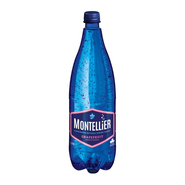 Montellier Grapefruit Carbonated Natural Spring Water 1 L bottle in blue plastic with visible carbonation bubbles and label showing brand name, natural grapefruit flavor, and Canadian origin, suitable for refreshing hydration.