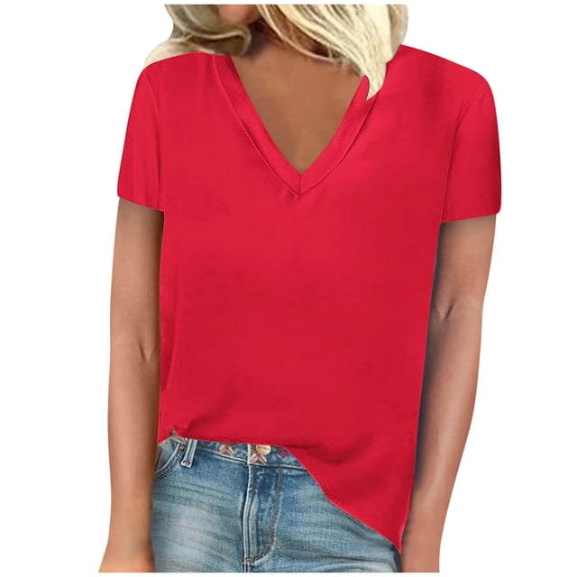 FAIWAD Womens Summer Tops Short Sleeve V Neck Pullover Shirts Loose Casual Solid Color Basic Tops