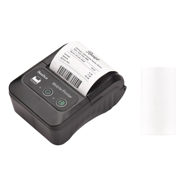 Bisofice Portable 58mm Receipt Thermal Printer, a compact black mini mobile printer with a 2-inch paper width, shown printing a receipt with barcode and text. Includes one thermal paper roll. Features USB and wireless Bluetooth connectivity, compatible with Windows, Android, and iOS systems. Ideal for office and market use.