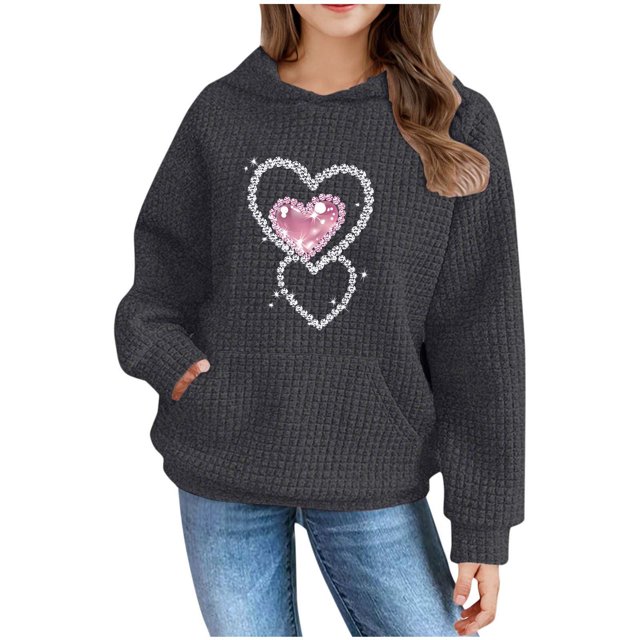 Posijego Chandail à Capuche Mignon pour Adolescentes, Graphique Cœur, Manches Longues, avec Poche