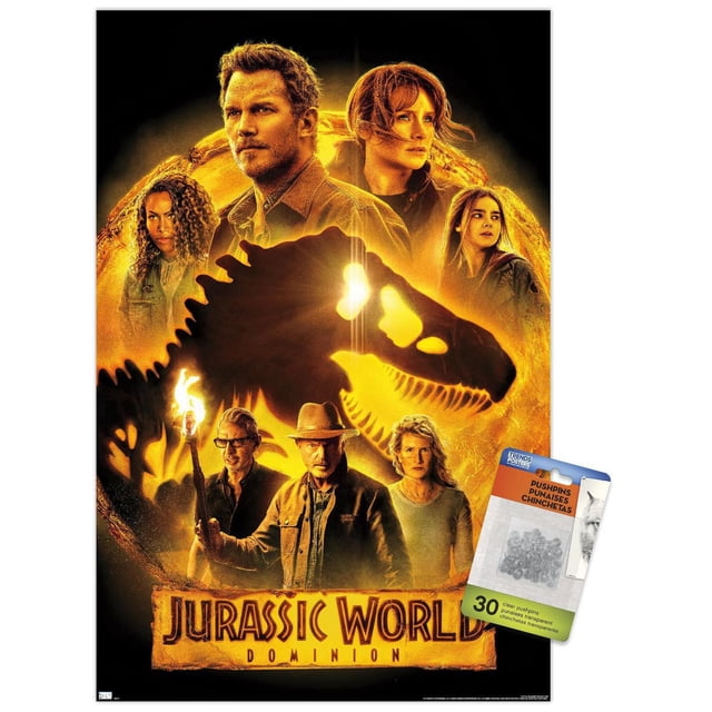 Monde Jurassique : Dominion - Affiche Murale Groupe un, 14,725 Po x 22,375 Po Encadrée, Présentant une silhouette de Crâne T-Rex orange Lumineux avec Sept Personnages Arrangés Autour, l'Un Tenant une Torche, sur Fond Sombre avec le Titre du Film au Bas, Idéale pour la Déco Murale de la Maison Ou du Bureau.