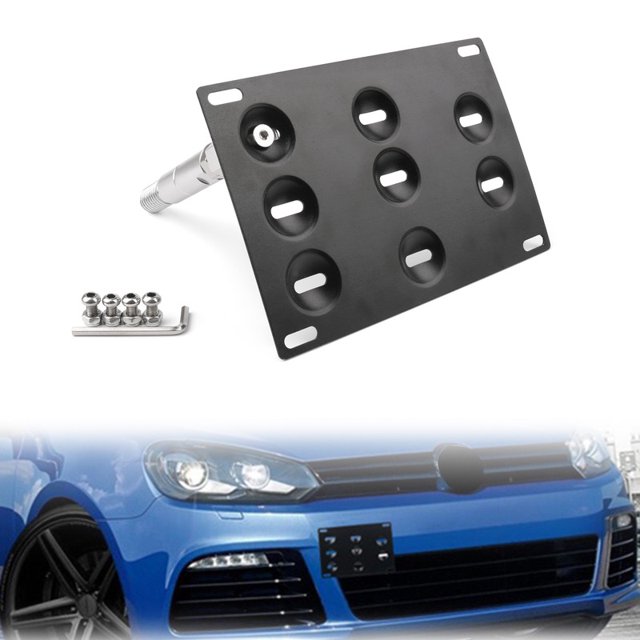 Front Bumper Tow Hook License Plate Mounting Holder Bracket Fits For VW Golf 6. A black metal license plate mounting kit with adjustable angle, designed for easy installation without drilling. Compatible with various VW Volkswagen and Skoda models. Includes screws and an L-shaped tool, shown alongside a blue VW Golf 6 with the bracket installed on the front bumper.