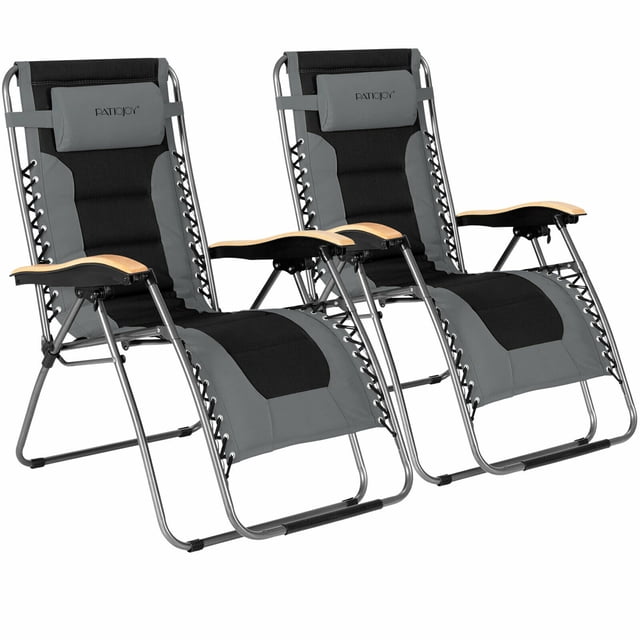 Gymax 2PCS Folding Chair Padded Lounge Chair w/ Beech Armrests Grey