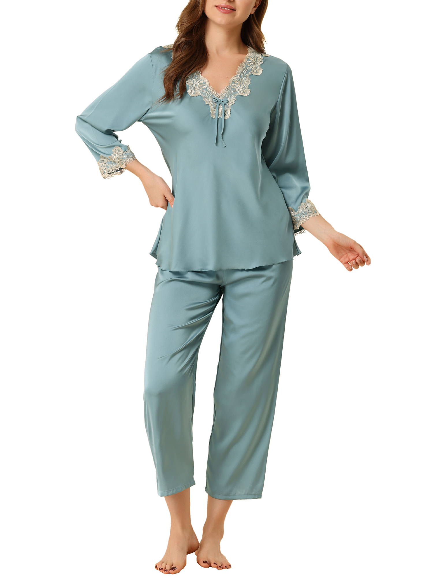 INSPIRE CHIC Pyjama de Nuit en Satin pour Femme, Col en V, Dentelle, Tenue de Détente, Ensemble de Pyjama, S Bleu Clair