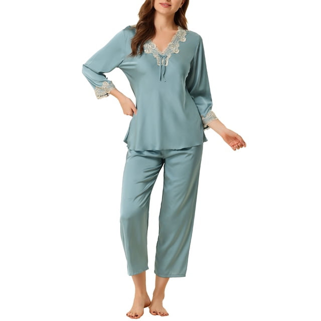 INSPIRE CHIC Pyjama de Nuit en Satin pour Femme, Col en V, Dentelle, Tenue de Détente, Ensemble de Pyjama, S Bleu Clair