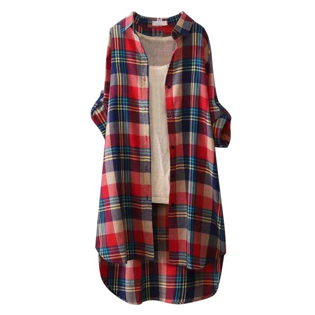 Kcodviy Spring and Summer New Womens Tops Raglan Sleeves European and American Mid Length Shirts for Women Loose Large Size Long Sleeved Sunscreen Plaid Outer Wear Temperament Commuting Shirts